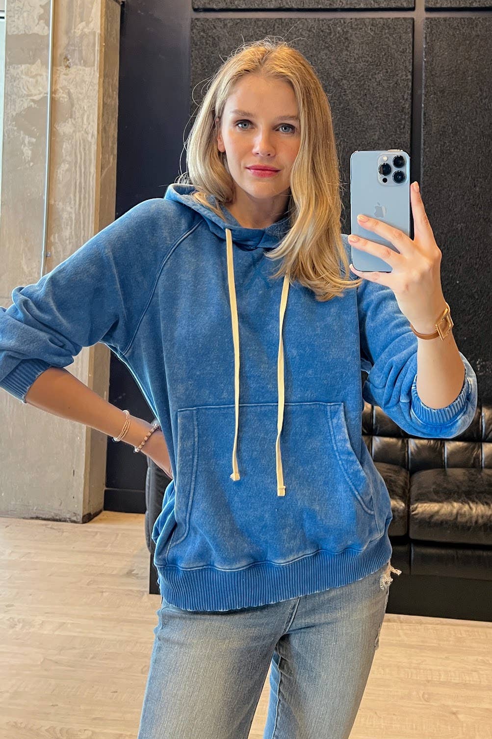 Acid Wash Fleece Hoodie With Pockets