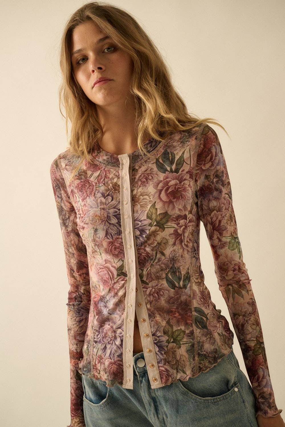 Floral-Print Mesh Snap-Front Long-Sleeve Top