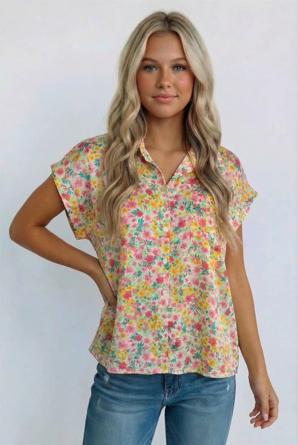 COLLAR BUTTON UP SHORT SLEEVE FLORAL RPINT SHIRT