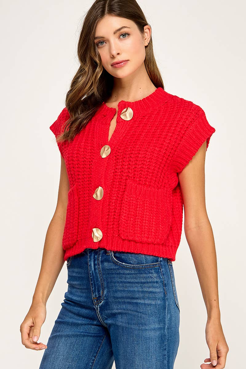 CHUNKY KNIT BUTTON-FRONT VEST TOP