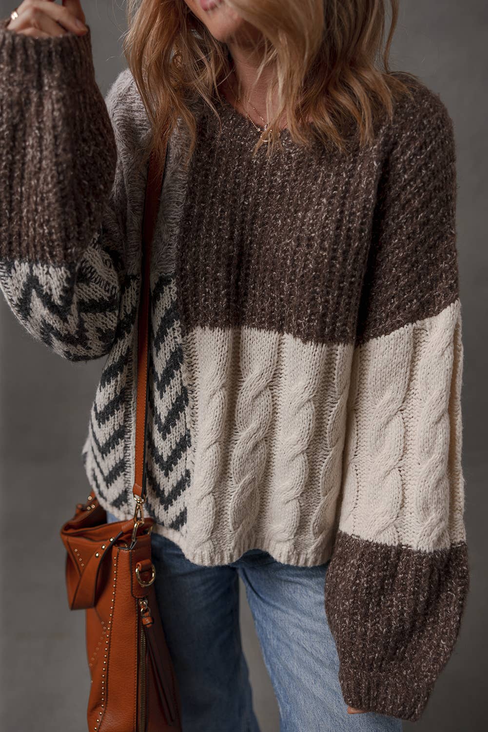 Color Block Patchwork Knotted Back Loose Fit Sweater