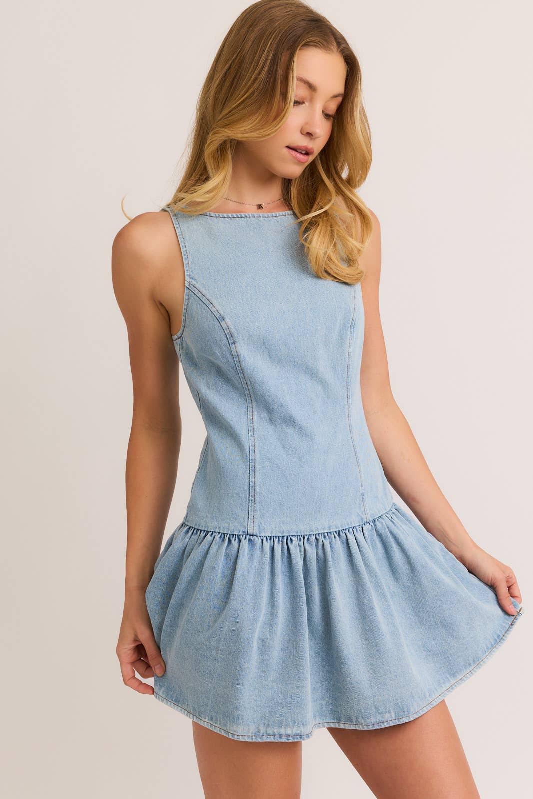 BOAT NECK SLEEVELESS LOW WAIST DENIM DRESS