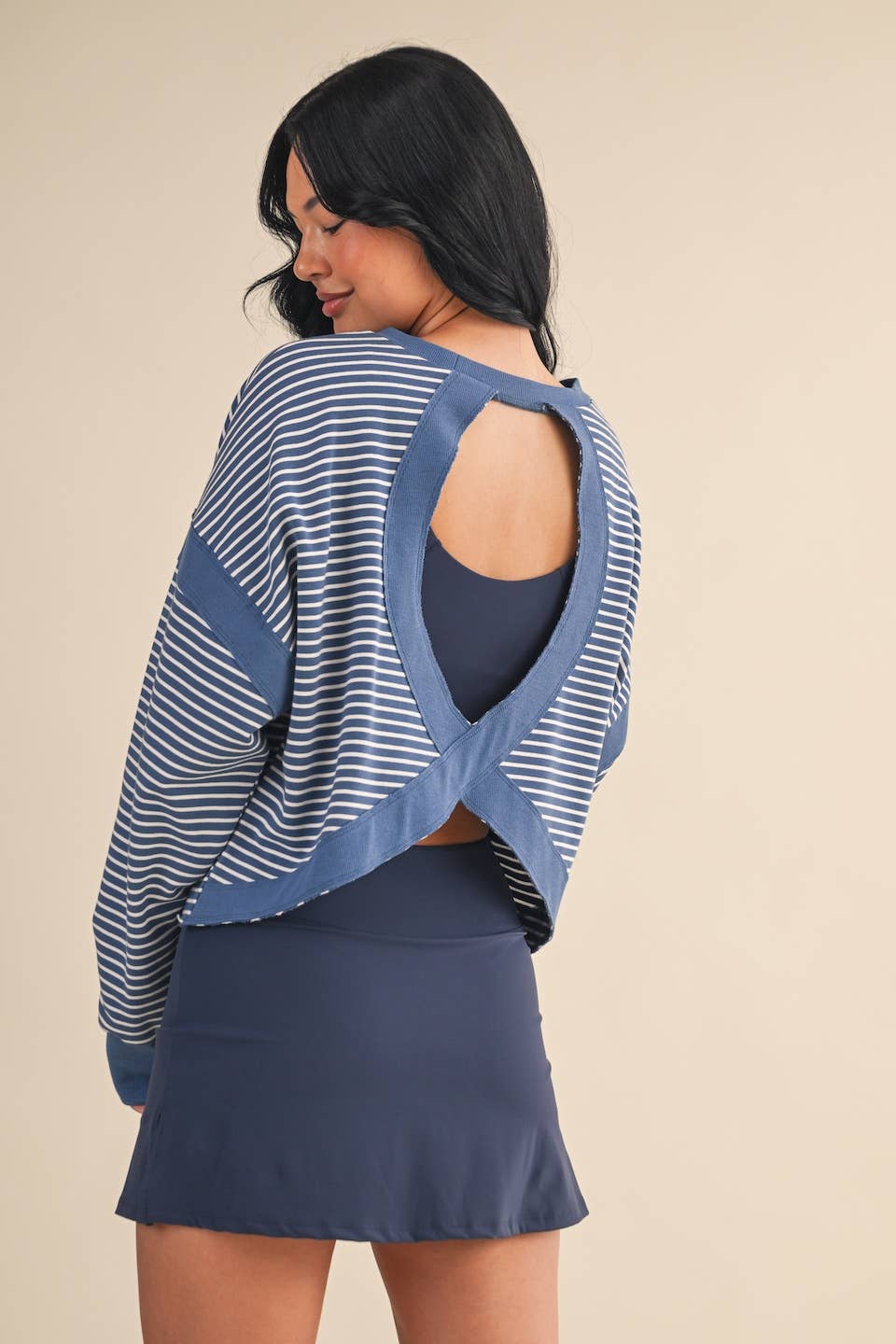 Striped Cutout Back Layering Sweatshirt