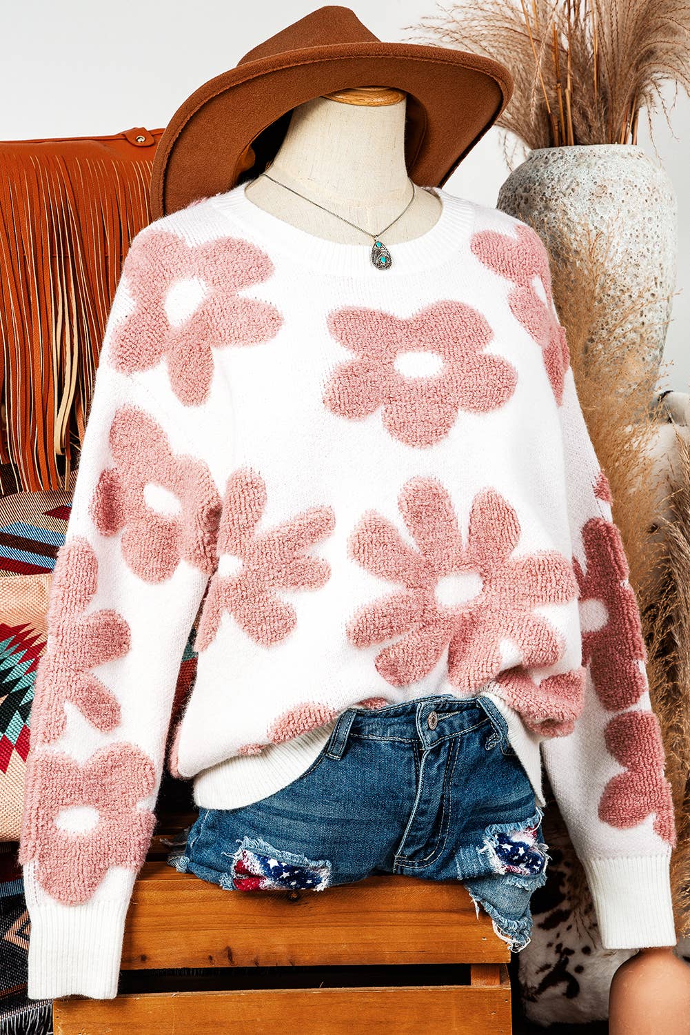 Fashion Fall Texture Flower Drop Shoulder Loose Sweater