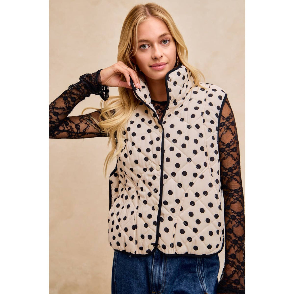 POLKA DOT PRINT PIPING DETAIL QUILTED VEST