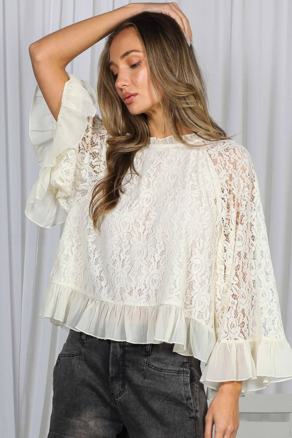 Ruffle Neck & Hem Bell Sleeve Loose Lace Blouse Top