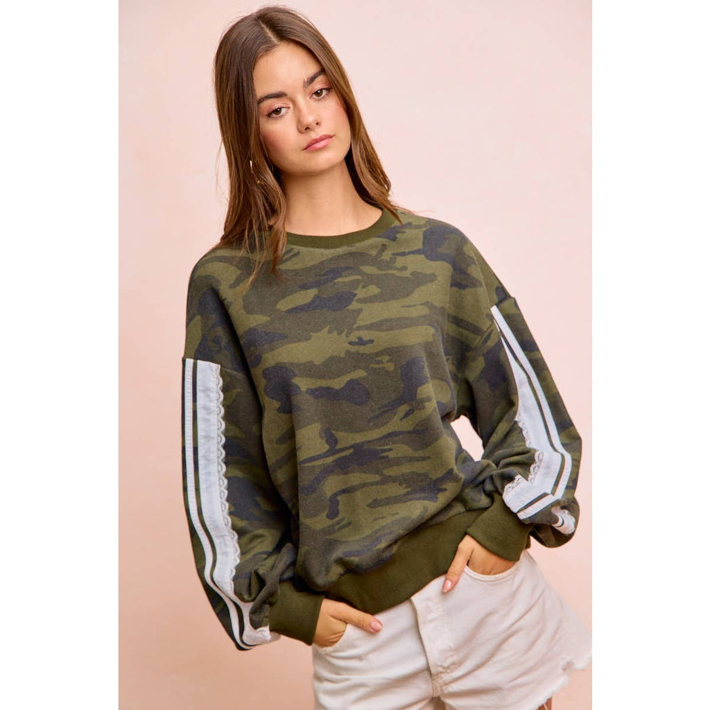 CAMOUFLAGE FRENCH TERRY LACE SWEATSHIRT TOP