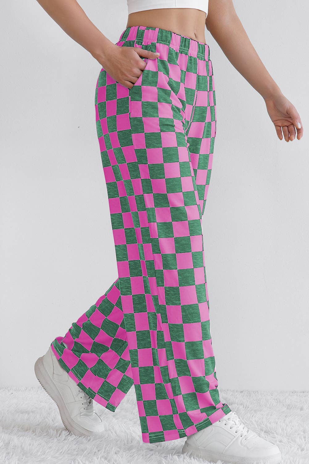 Checkered Print High Waist Wide Leg Pants