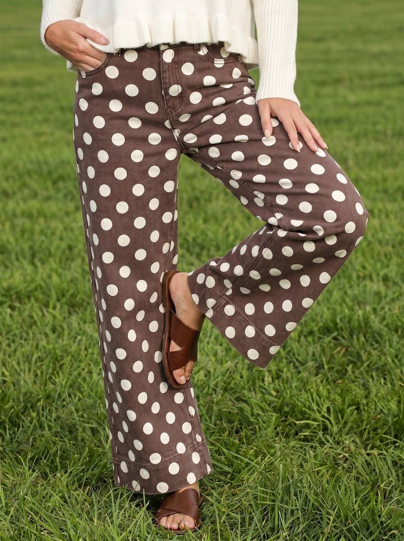 Polka Dot Straight Leg Cotton Denim Pants