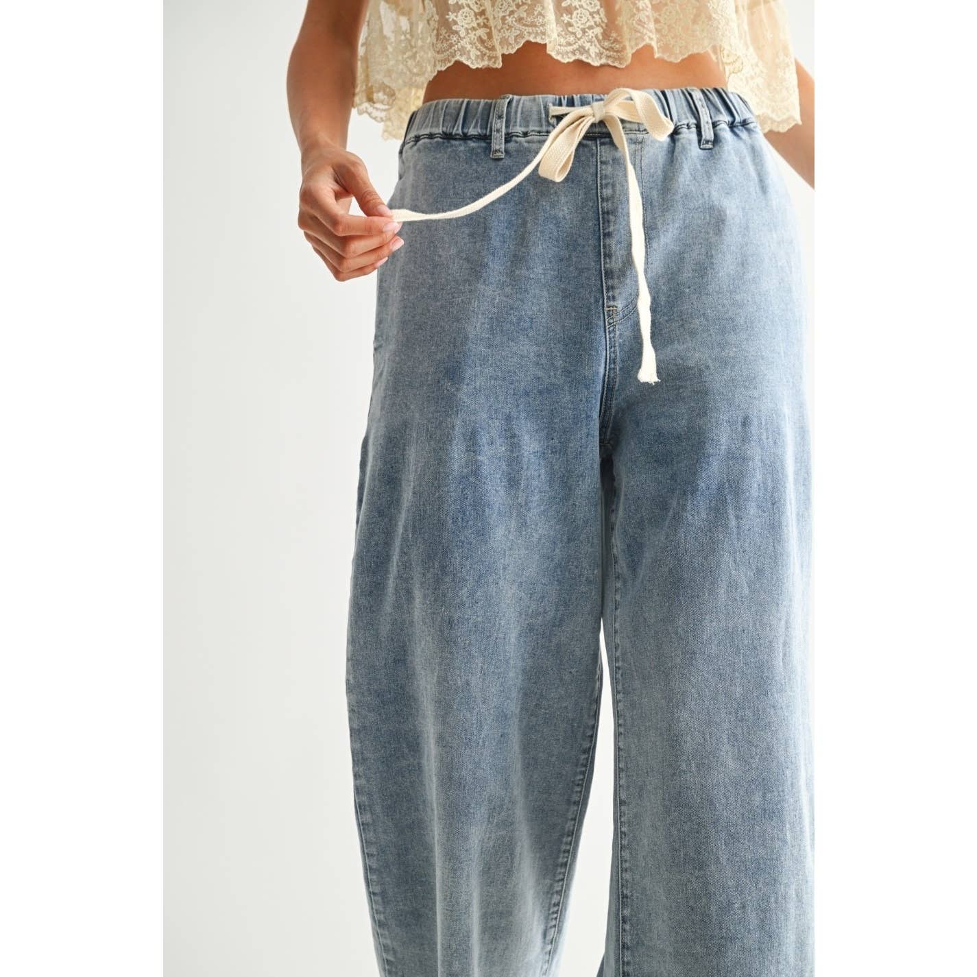 Wide-leg Denim Trousers With Twill Tape Drawstring
