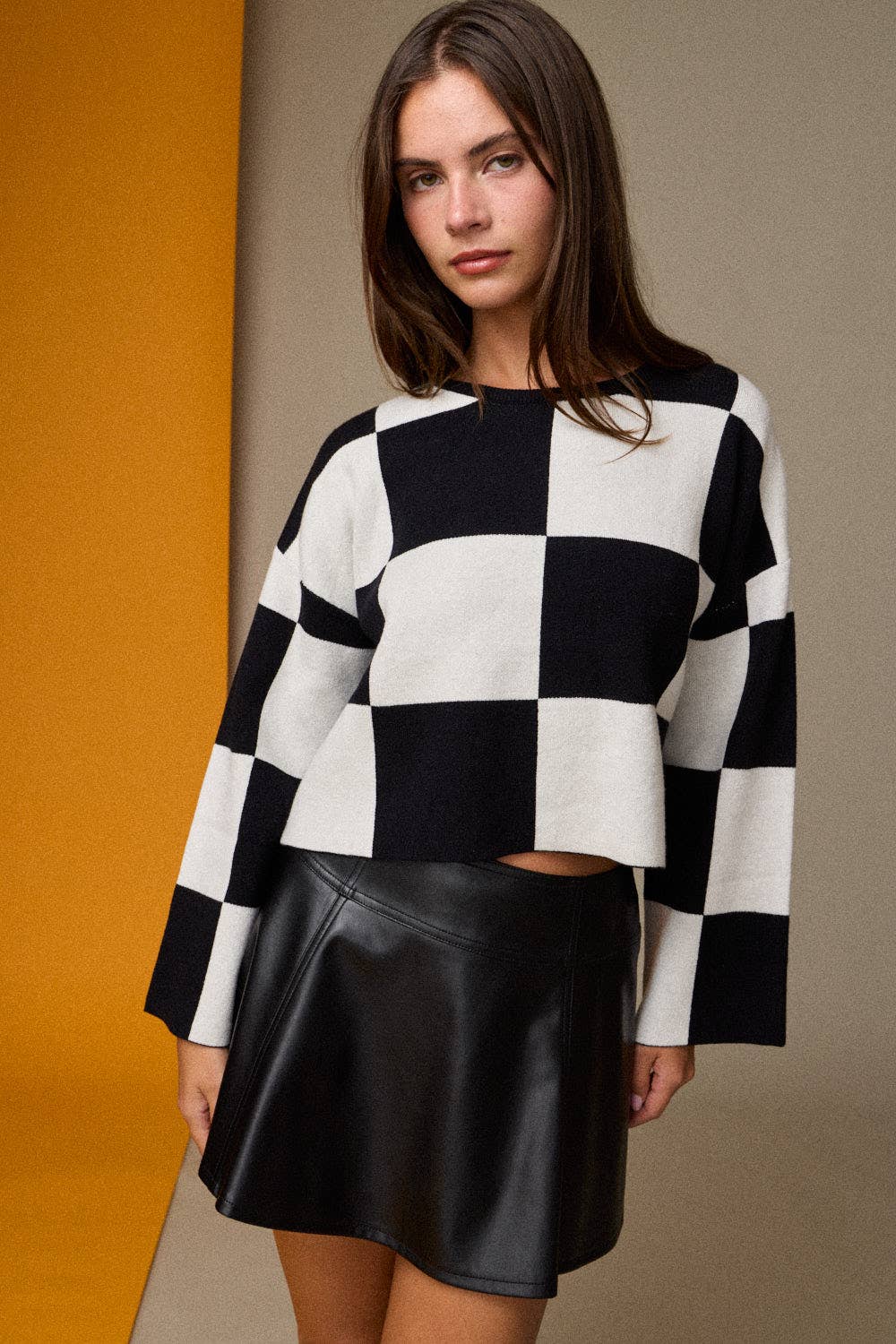 Sarah Round Neck Checkered LS Top