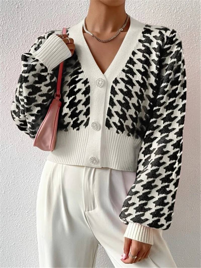 Houndstooth v-neck cropped knit Cardigan