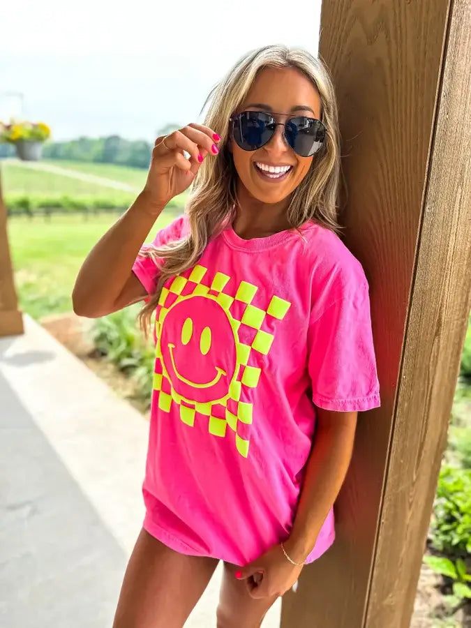 Neon Pink Checkered Smiley