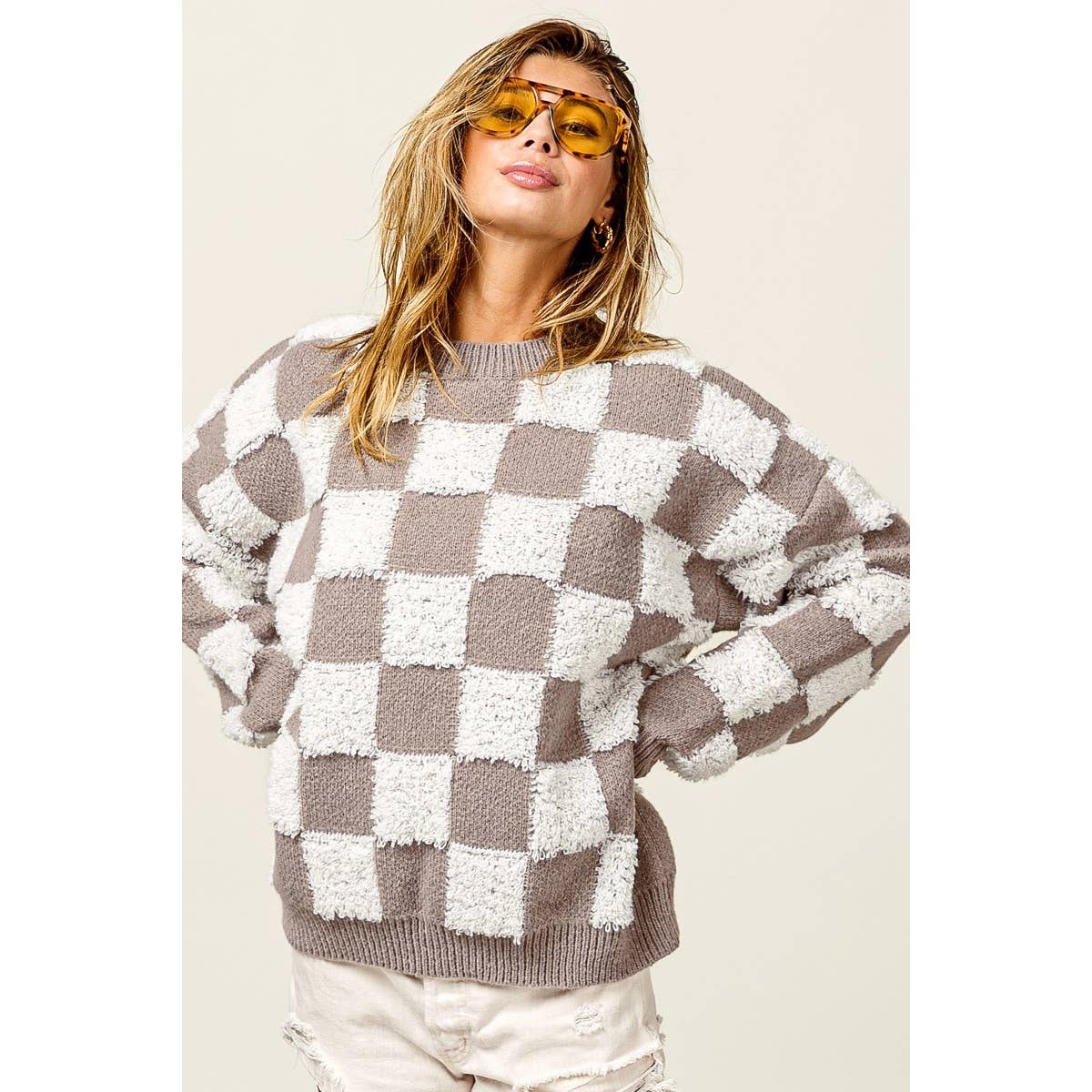 LOOP EDGE CHECKERED SWEATER PULLOVER