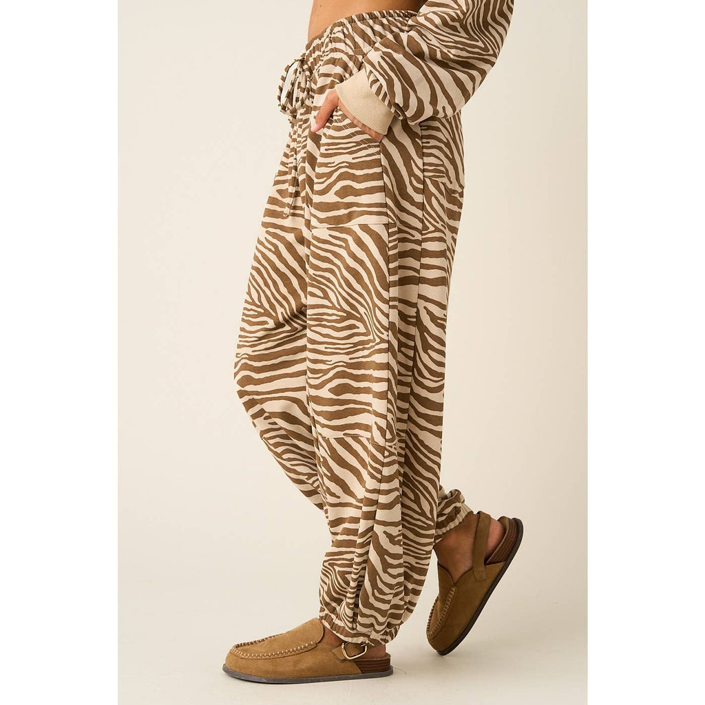 ZEBRA PRINT RELAXED FIT BARREL LEG PANTS