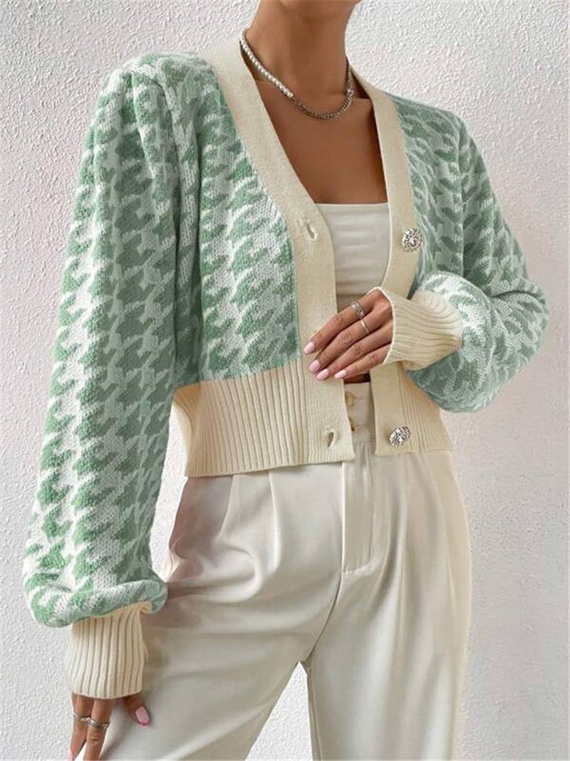 Houndstooth v-neck cropped knit Cardigan