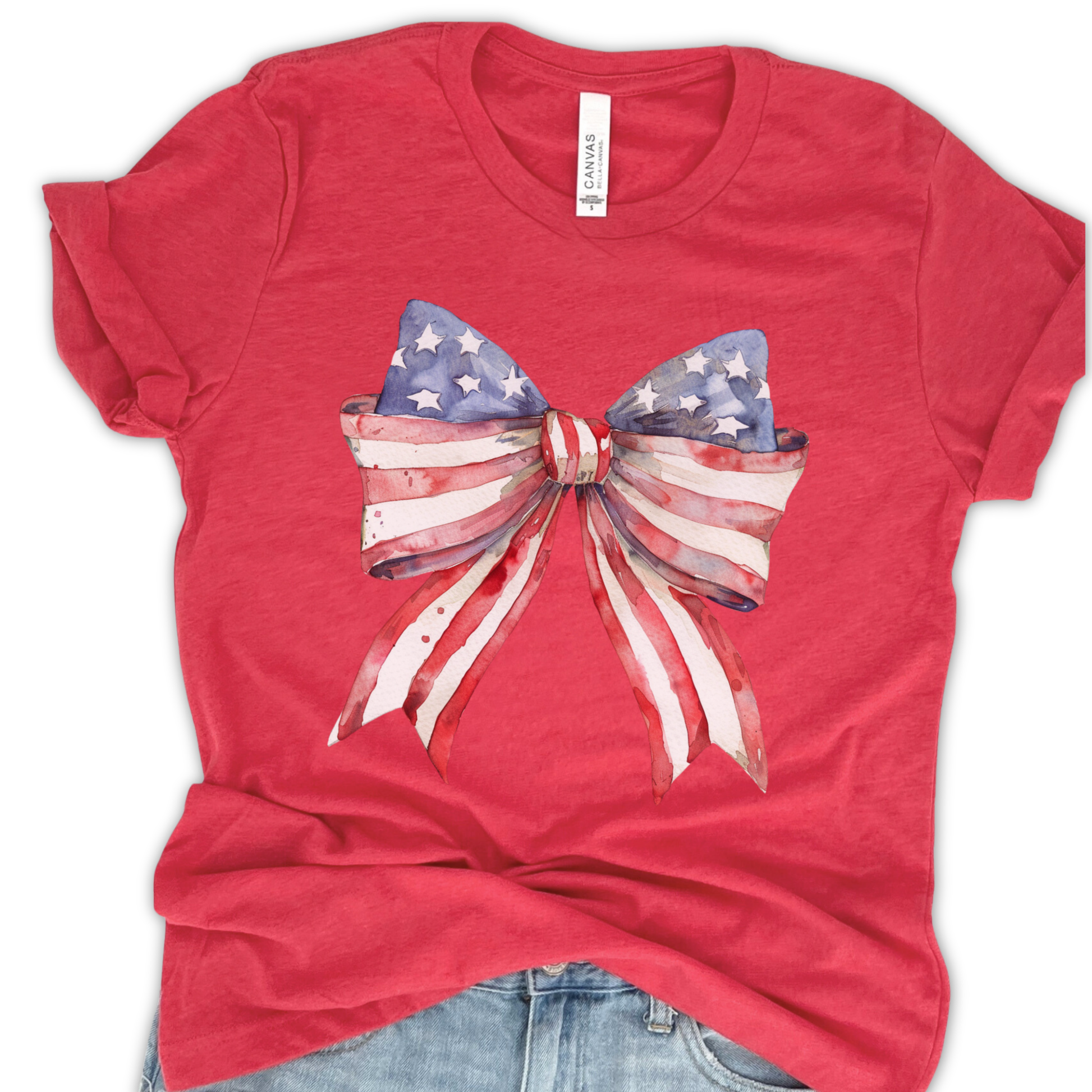 Patriotic American flag women'sgraphic t-shirt, Coquette bow