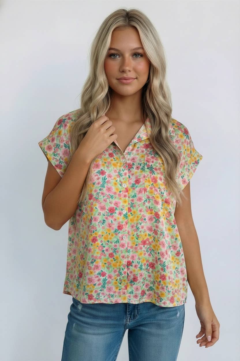 COLLAR BUTTON UP SHORT SLEEVE FLORAL RPINT SHIRT