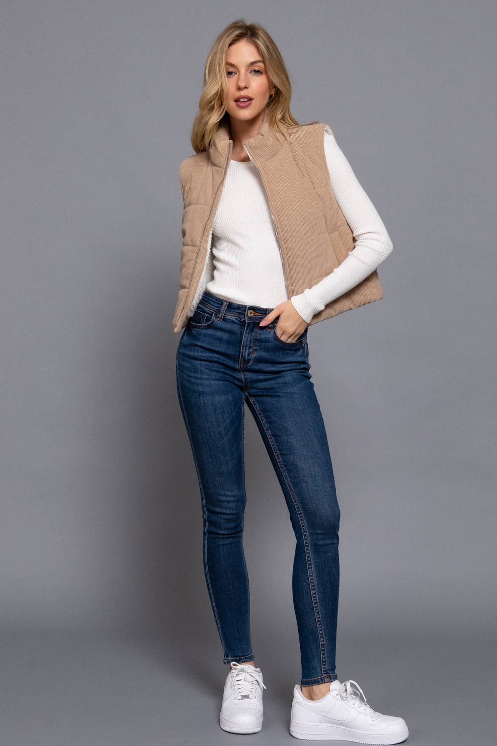 High Neck Inner Faux Fur Zip Up Corduroy Puffer Vest