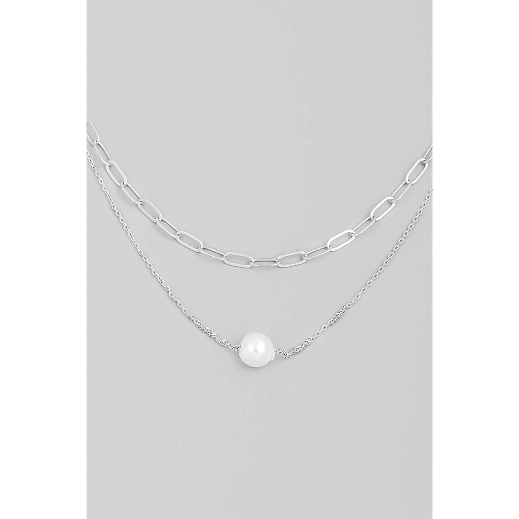 Layered Chain Link Pearl Ball Charm Necklace