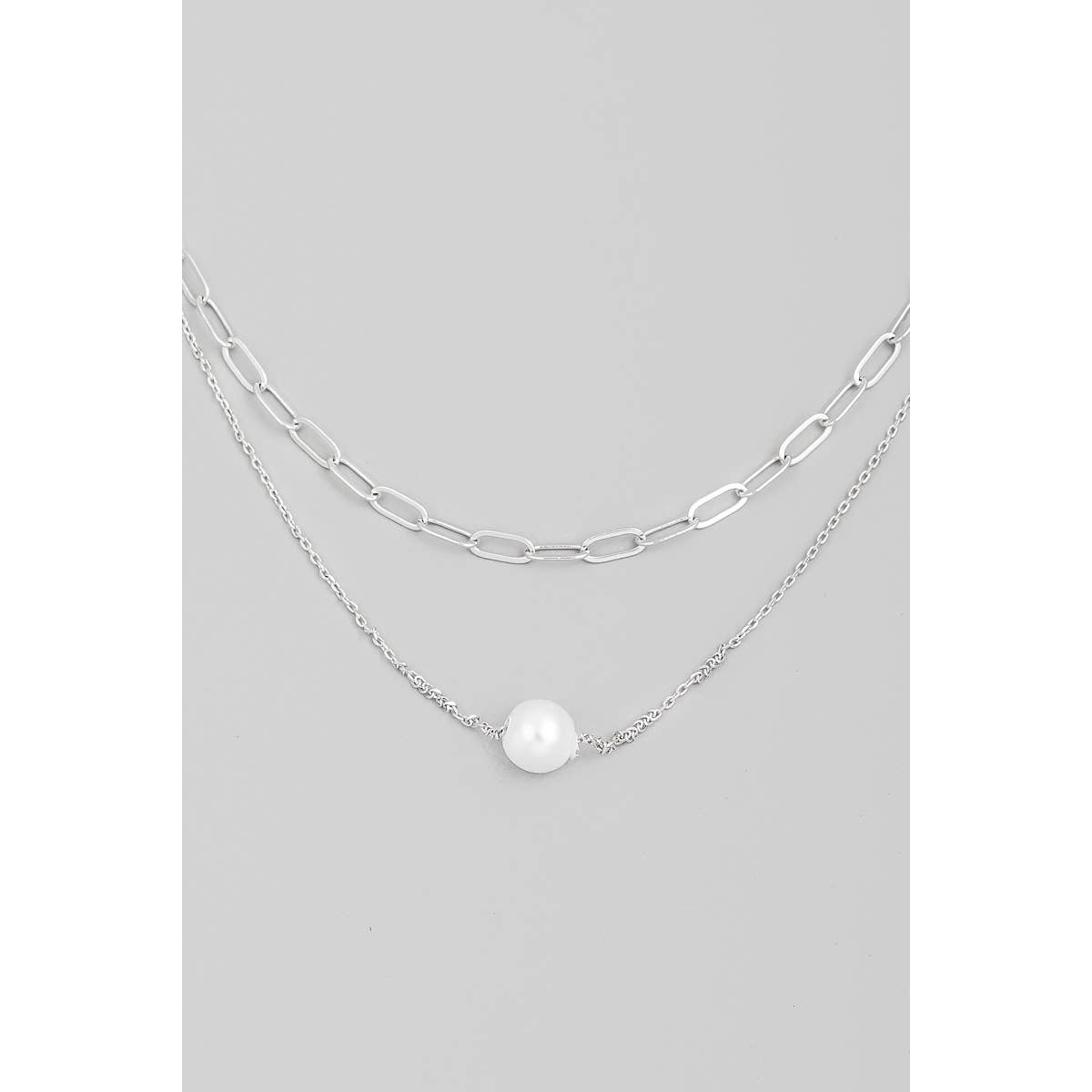Layered Chain Link Pearl Ball Charm Necklace