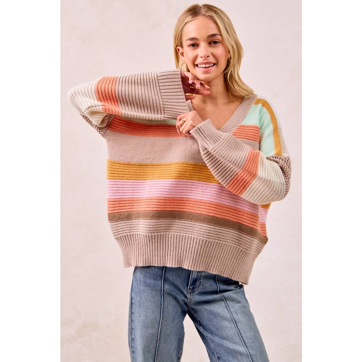 MULTI COLORS STRIPES RIB BANDED V-NECK SWEATER TOP