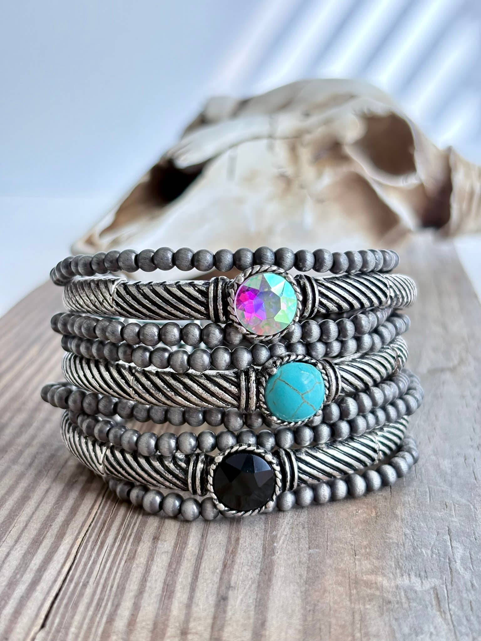 Western Navajo Glass Stone 3 Layer Stretch Bracelet