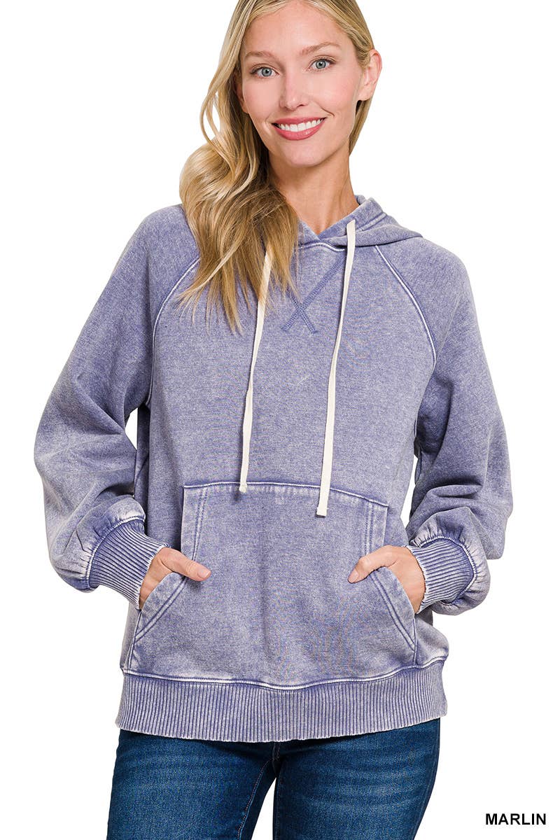 Acid Wash Fleece Hoodie With Pockets