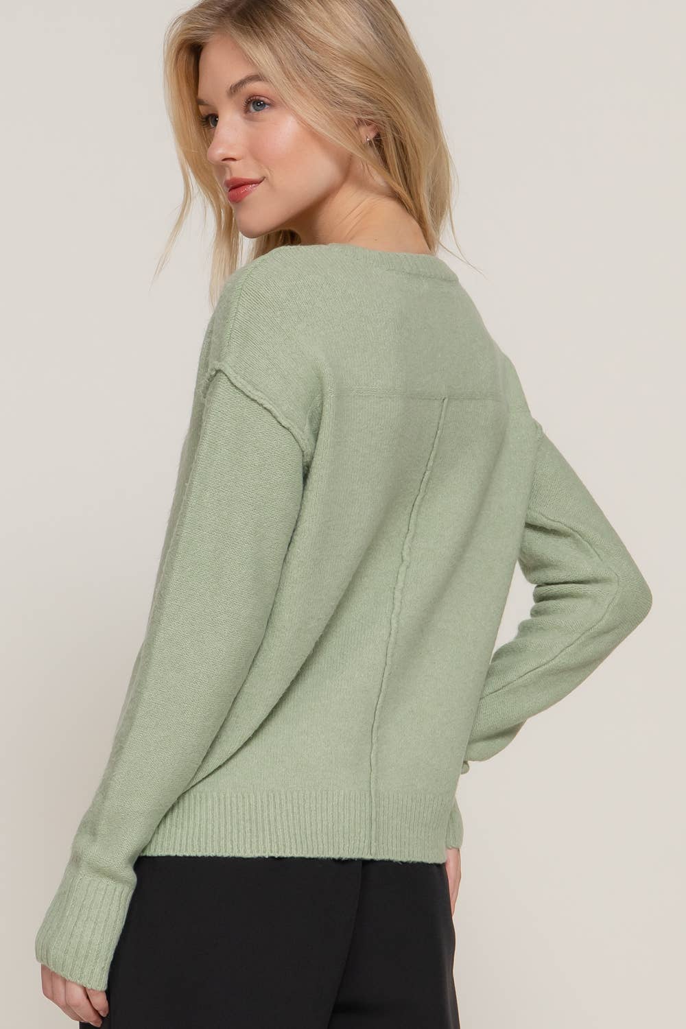 Long Sleeve V-Neck Raised Seam Detail Sweater