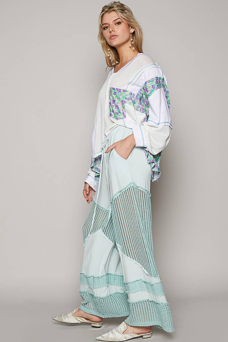 Contrast see through elastic waist knit culottes pants