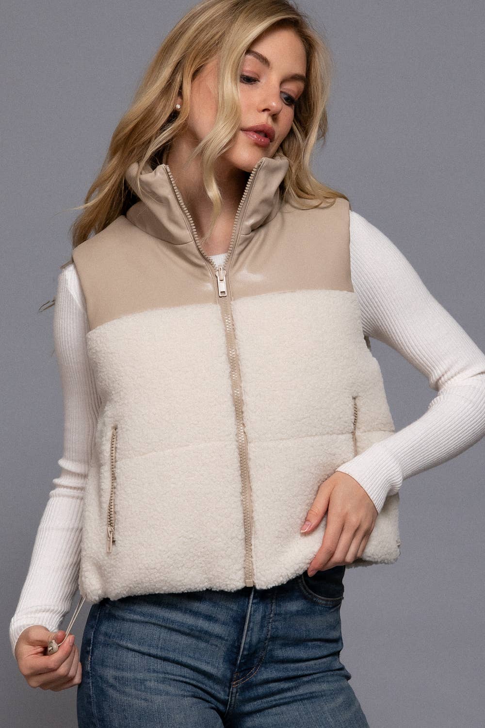 Reversible Faux Leather-Sherpa Contrast Padding Crop Vest