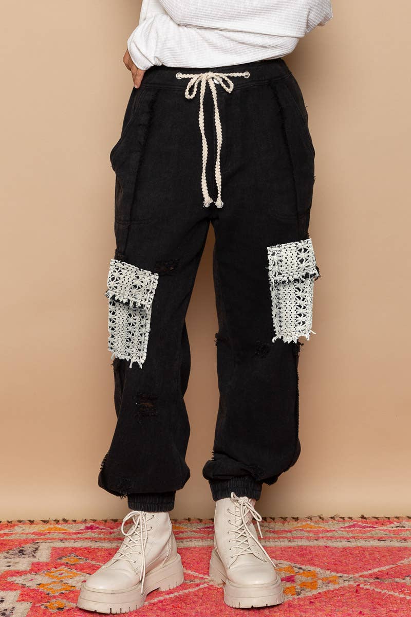 Tie waistband contrast crochet cargo pockets denim joggers
