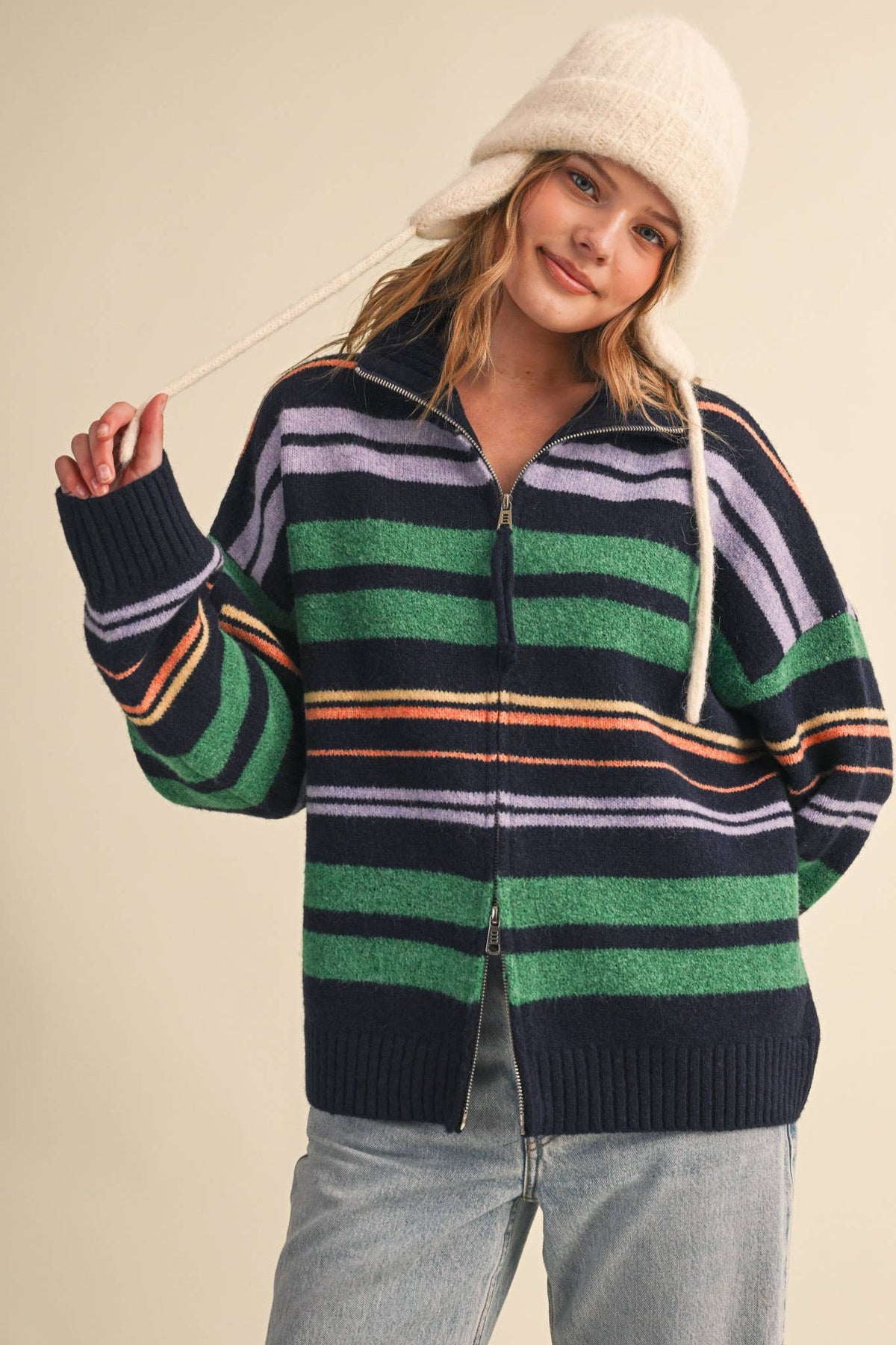 STRIPED MOCK NECK ZIP UP CARDIGAN