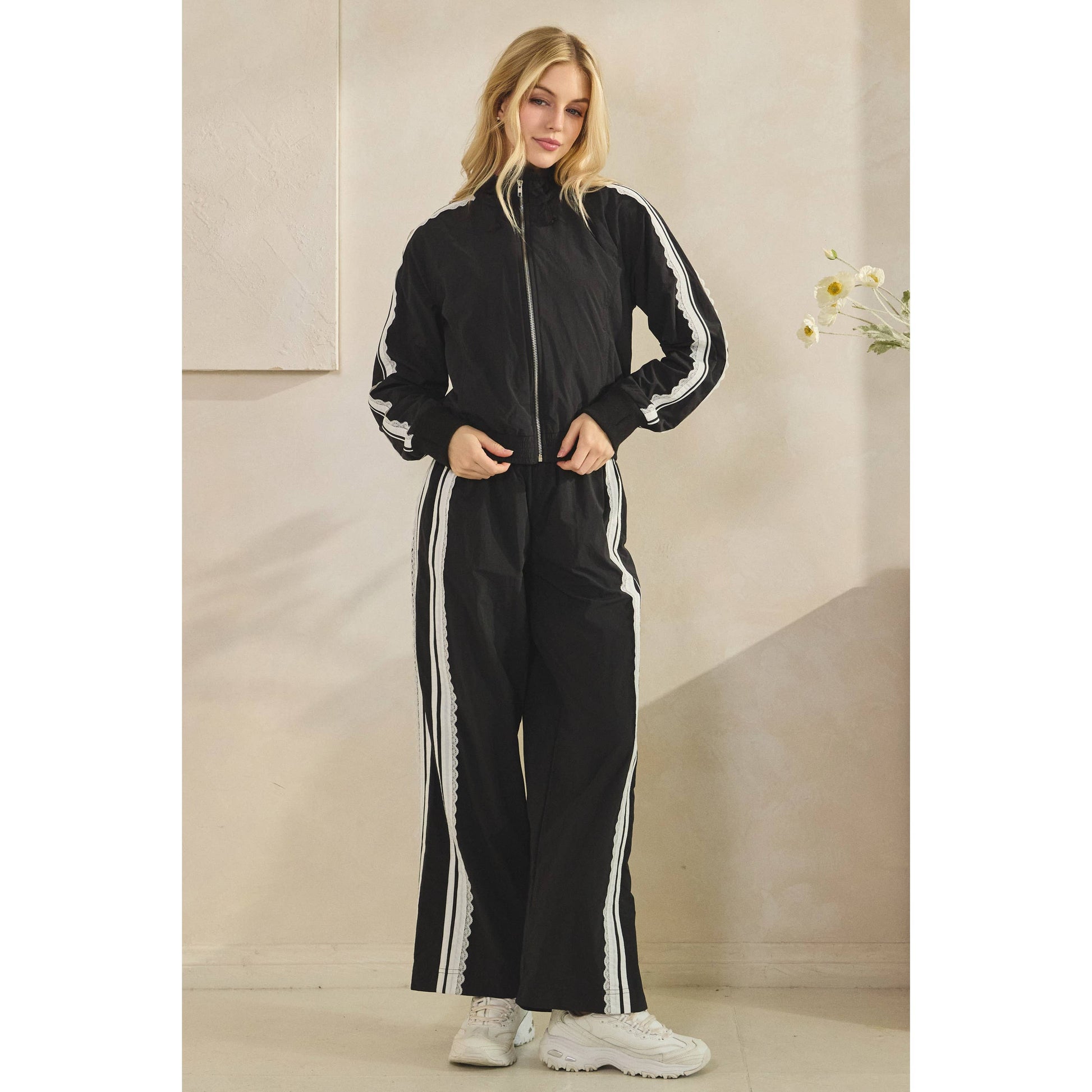 Stripe Nylon Pants with Lace Details
