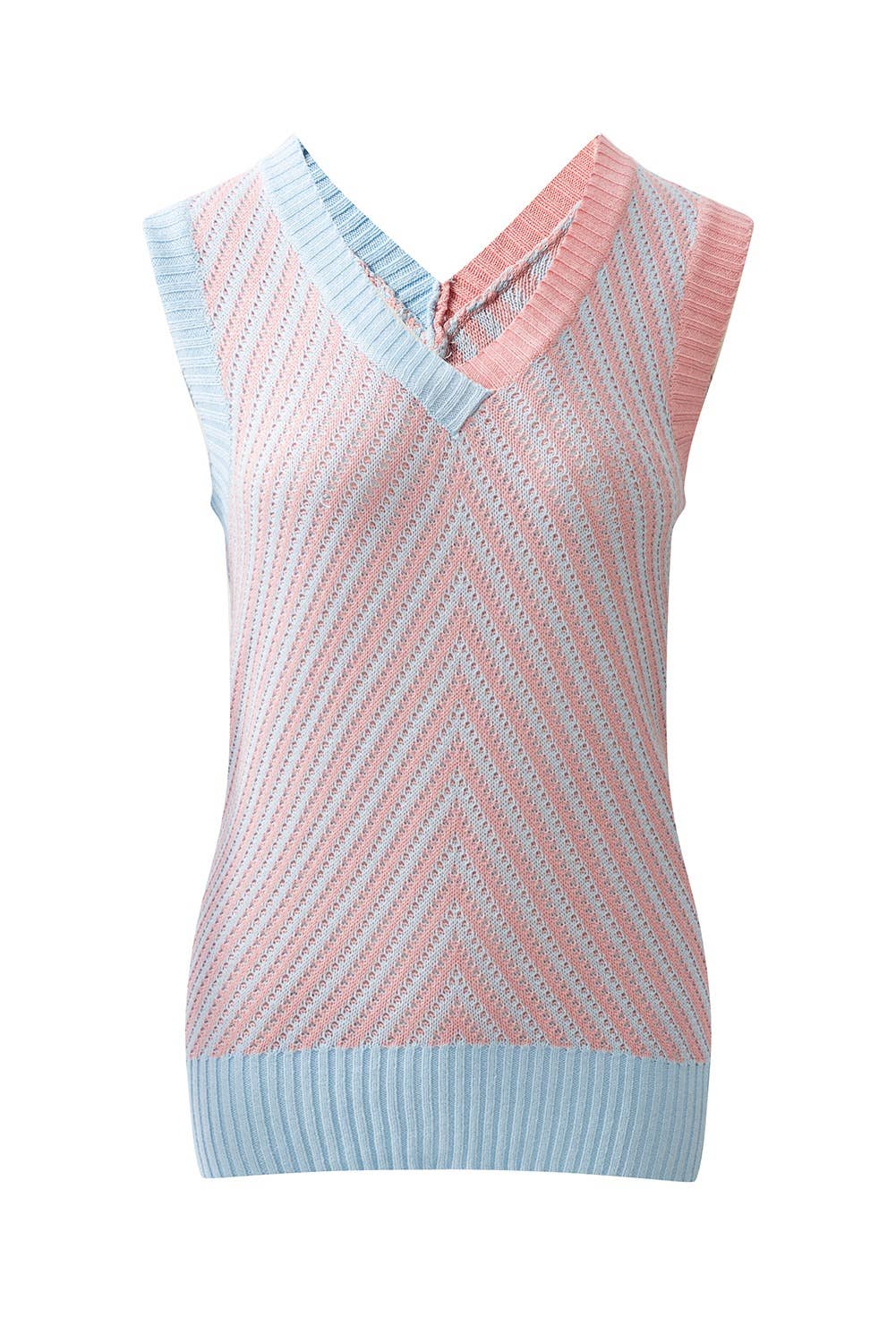 Strawberry Pink Contrast Chevron Knit V Neck Sweater Vest