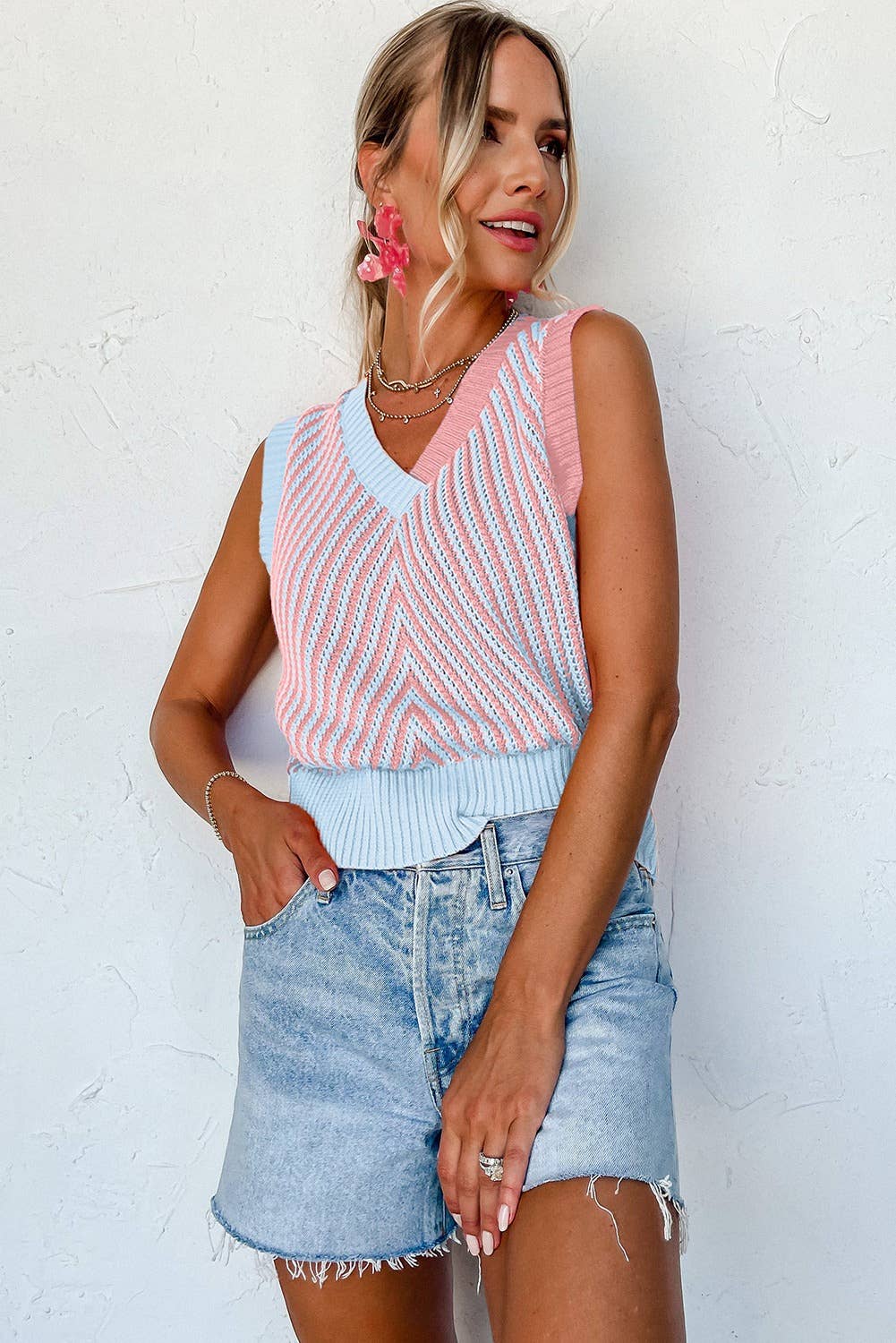 Strawberry Pink Contrast Chevron Knit V Neck Sweater Vest