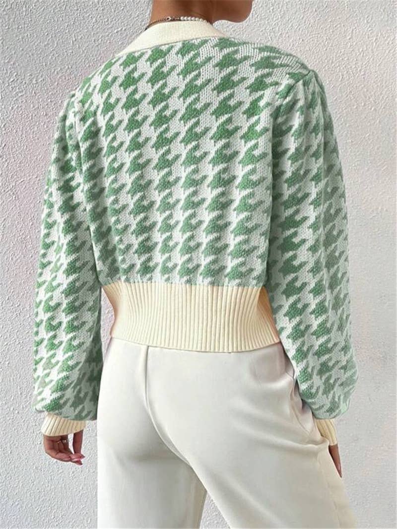 Houndstooth v-neck cropped knit Cardigan