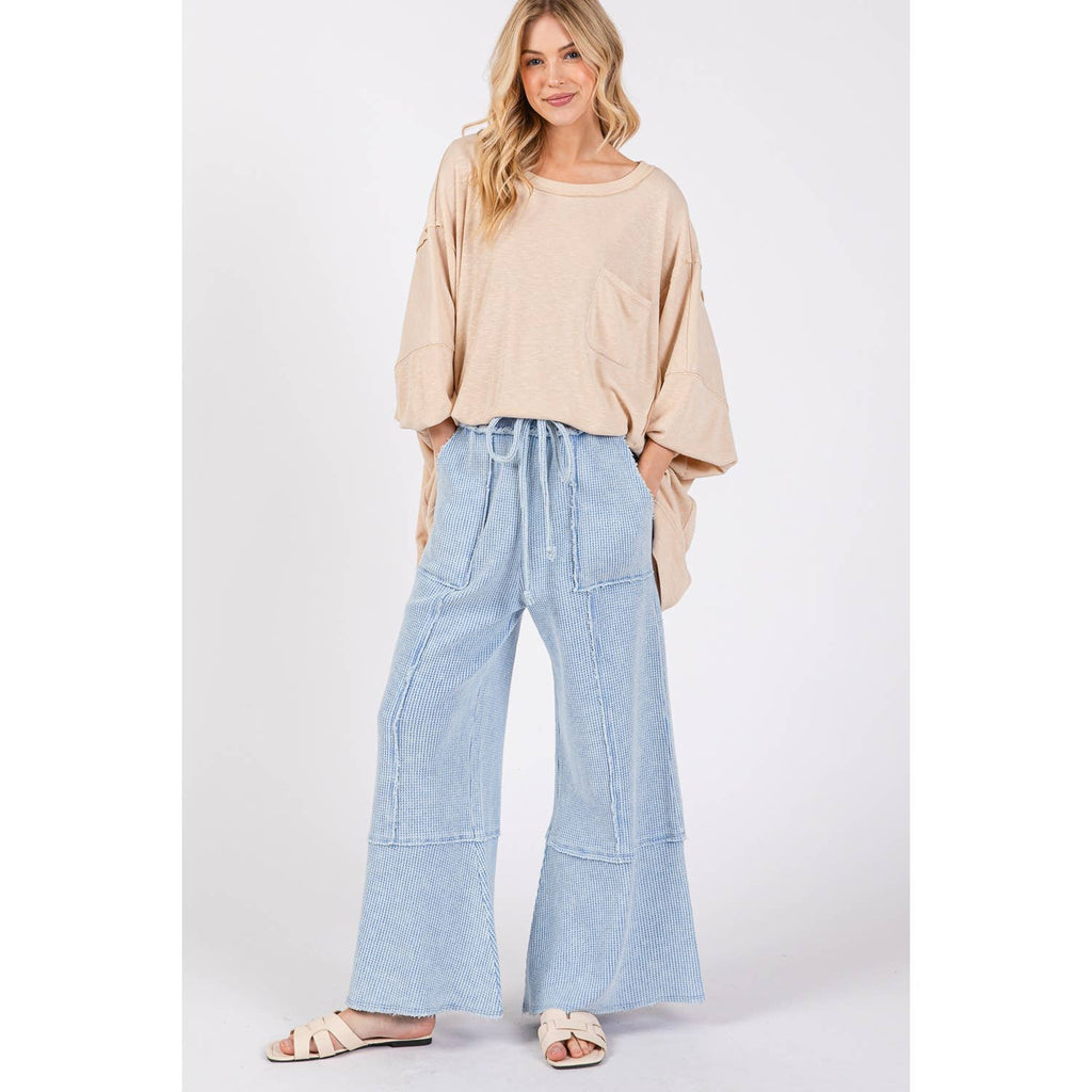 WAFFLE TEXTURED WIDE LEGS MINERAL WASHED PANTS