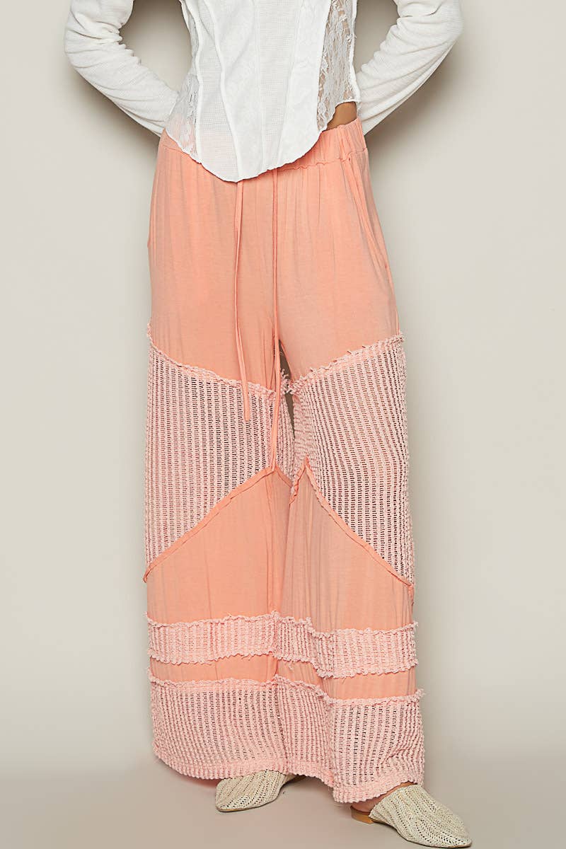 Contrast see through elastic waist knit culottes pants