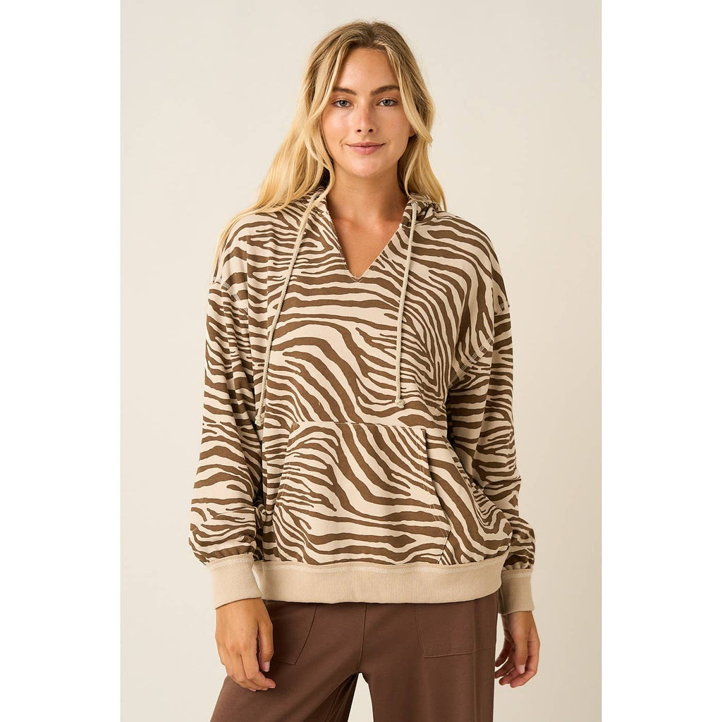 ZEBRA PRINT V-NECK HOODIE TOP