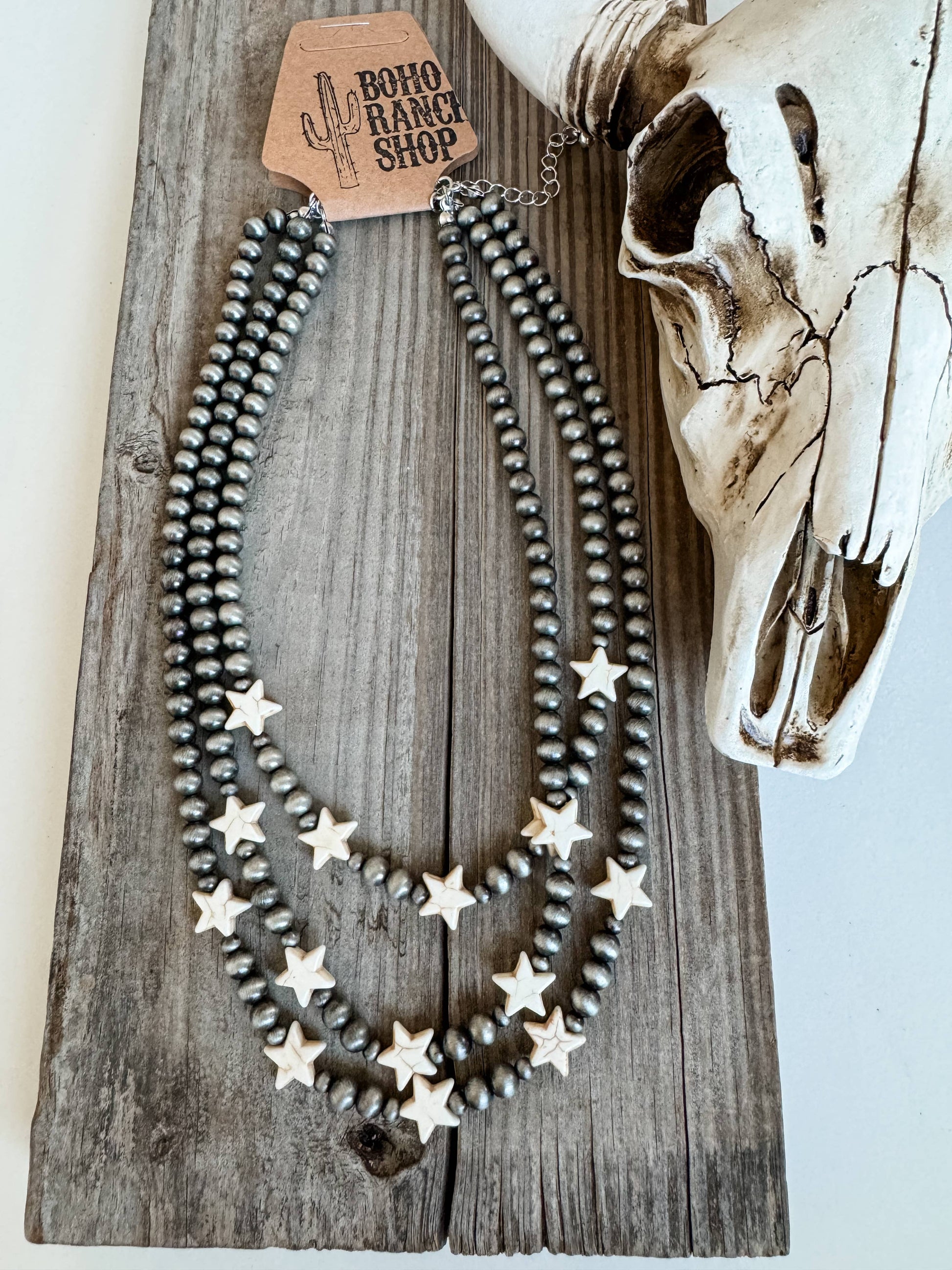 3 Layered Navajo Style Pearl with Star Stone Necklace