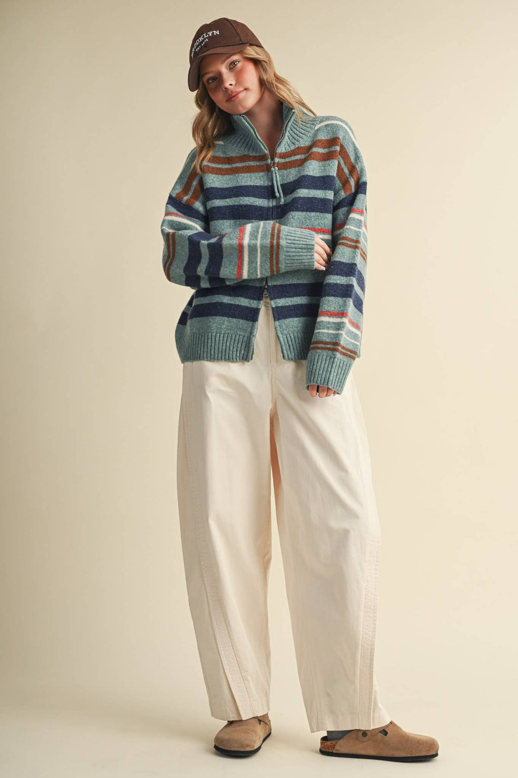 STRIPED MOCK NECK ZIP UP CARDIGAN
