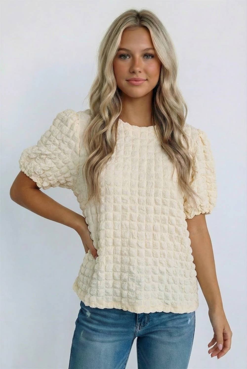EMBOSSED PUFF SHORT SLEEVE BLOUSE