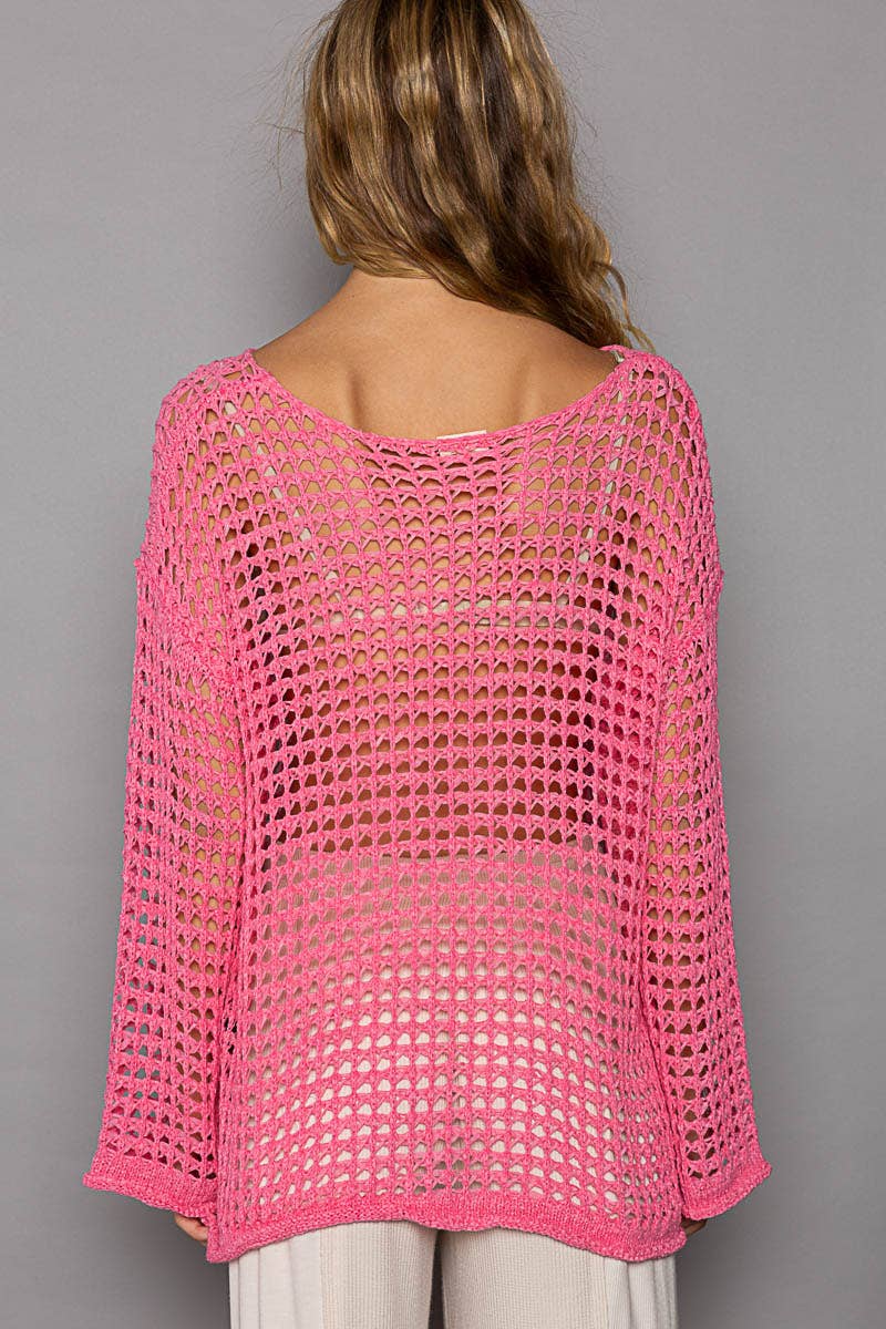 Dropped Shoulder Open Knit Boat Neck Sweater