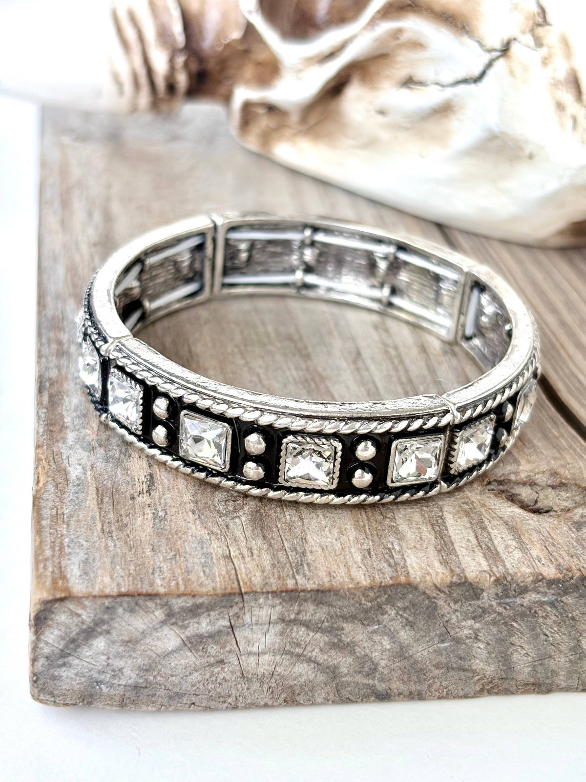 Western Style Square Rhinestone Stretch Bangle Bracelet