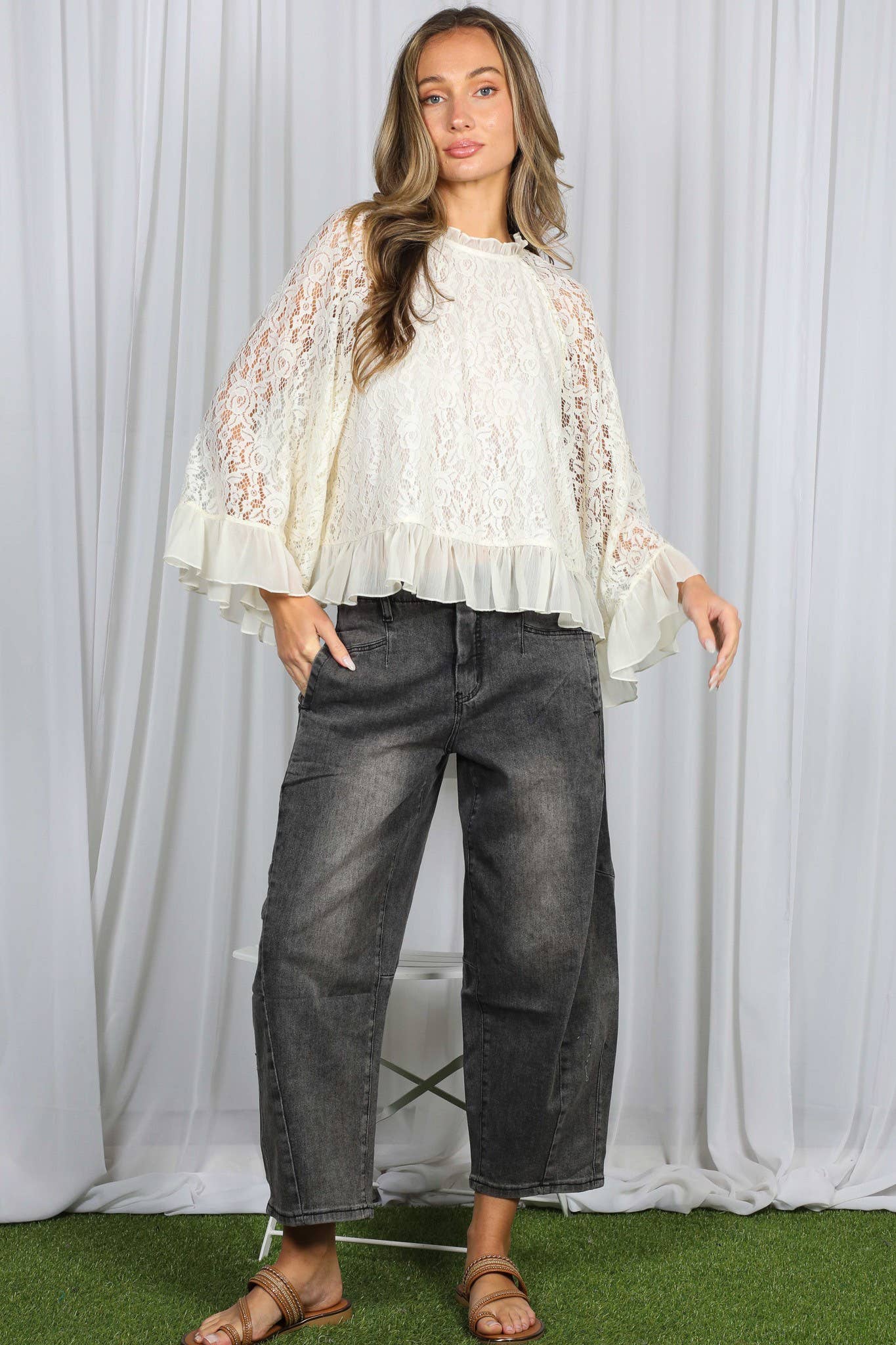 Ruffle Neck & Hem Bell Sleeve Loose Lace Blouse Top