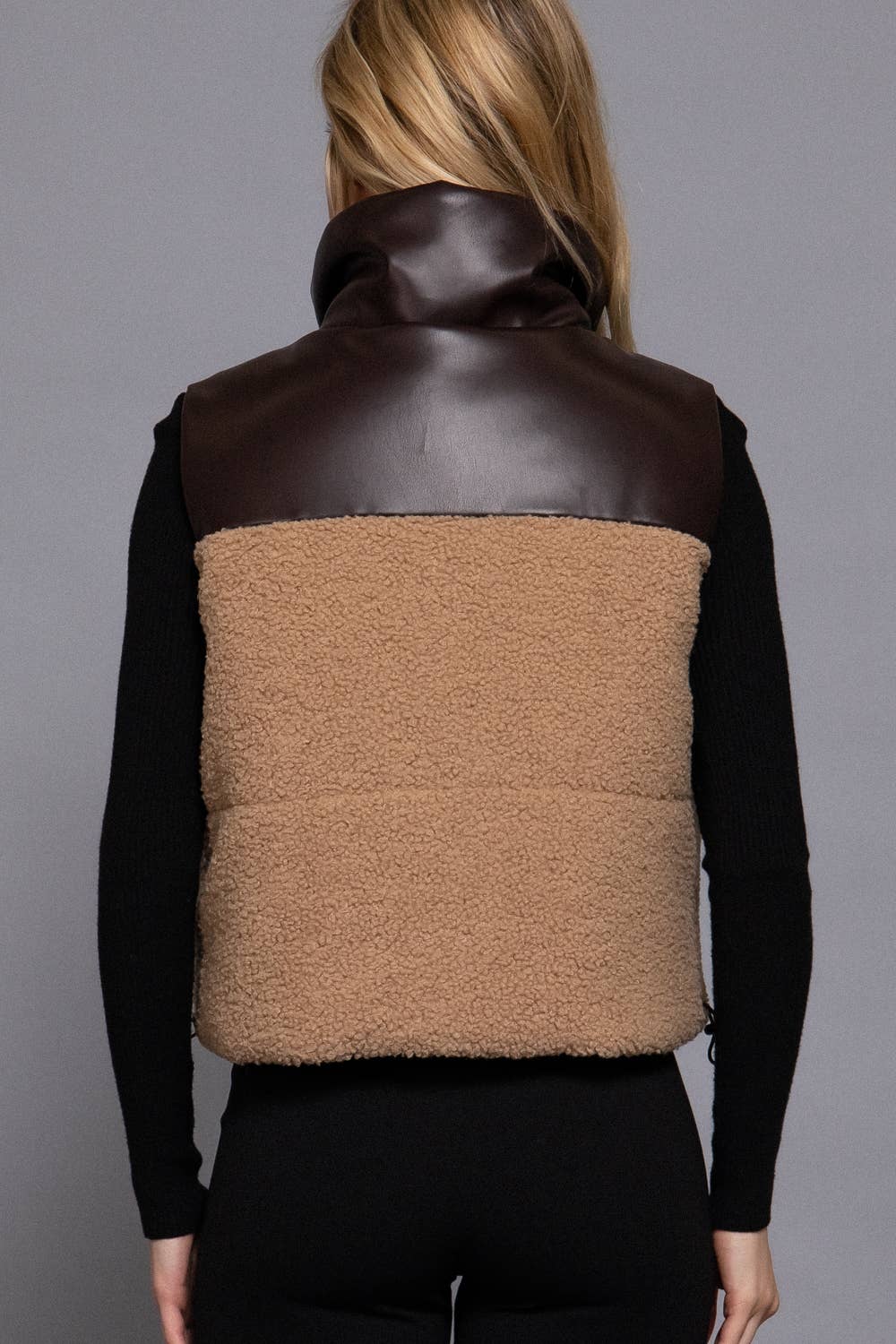 Reversible Faux Leather-Sherpa Contrast Padding Crop Vest