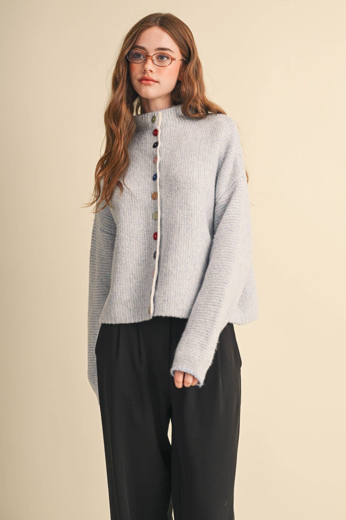 STRIPED SWEATER CARDIGAN WITH COLORFUL BUTTONS