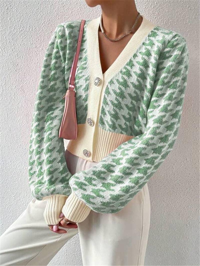 Houndstooth v-neck cropped knit Cardigan