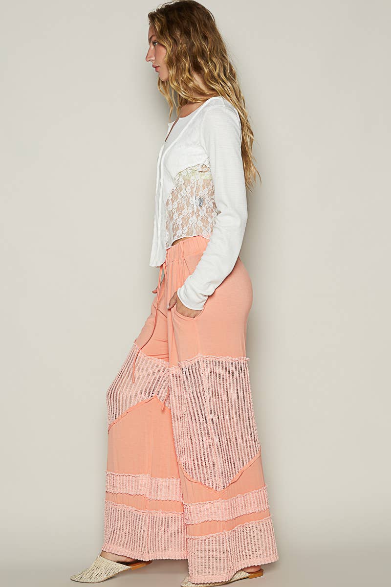 Contrast see through elastic waist knit culottes pants